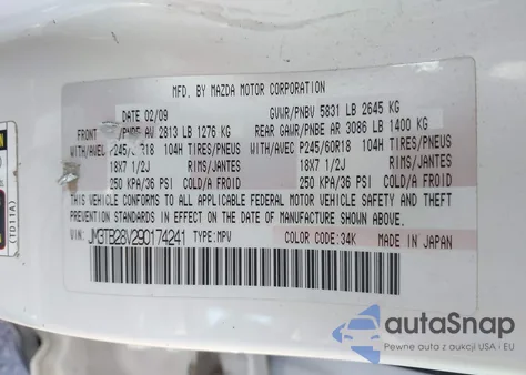 2009 Mazda Cx-9 Sport z USA, uszkodzony, nr VIN JM3TB28V290174241